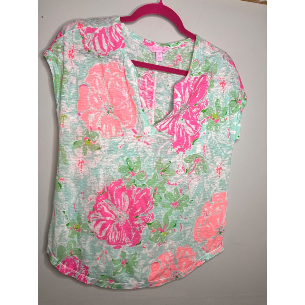 Lilly Pulitzer Etta Linen Floral V-Neck Tee Pink‎ Green Tropical XS